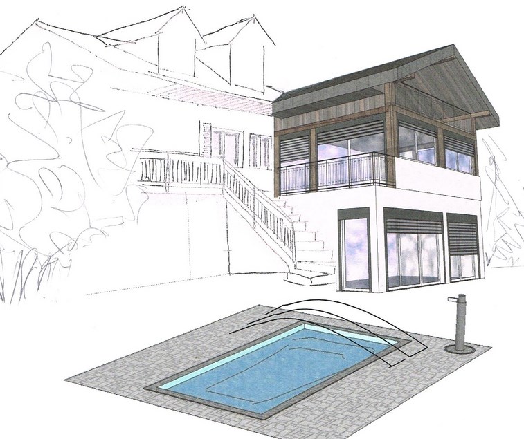 Conception Agrandissement piscine Extension villa PLans Esquisses projet Permis de construire Haute savoie Annecy Groisy Cruseilles Toute la compétence  de A3CR